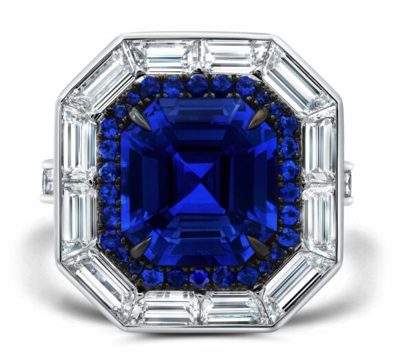 Blue Sapphire & Baguette Halo Ring